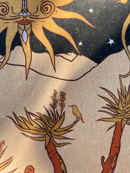 close up vintage minimalist print of beige desert sand dune with quiver tree and bird, yellow sun, and the black night sky with stars