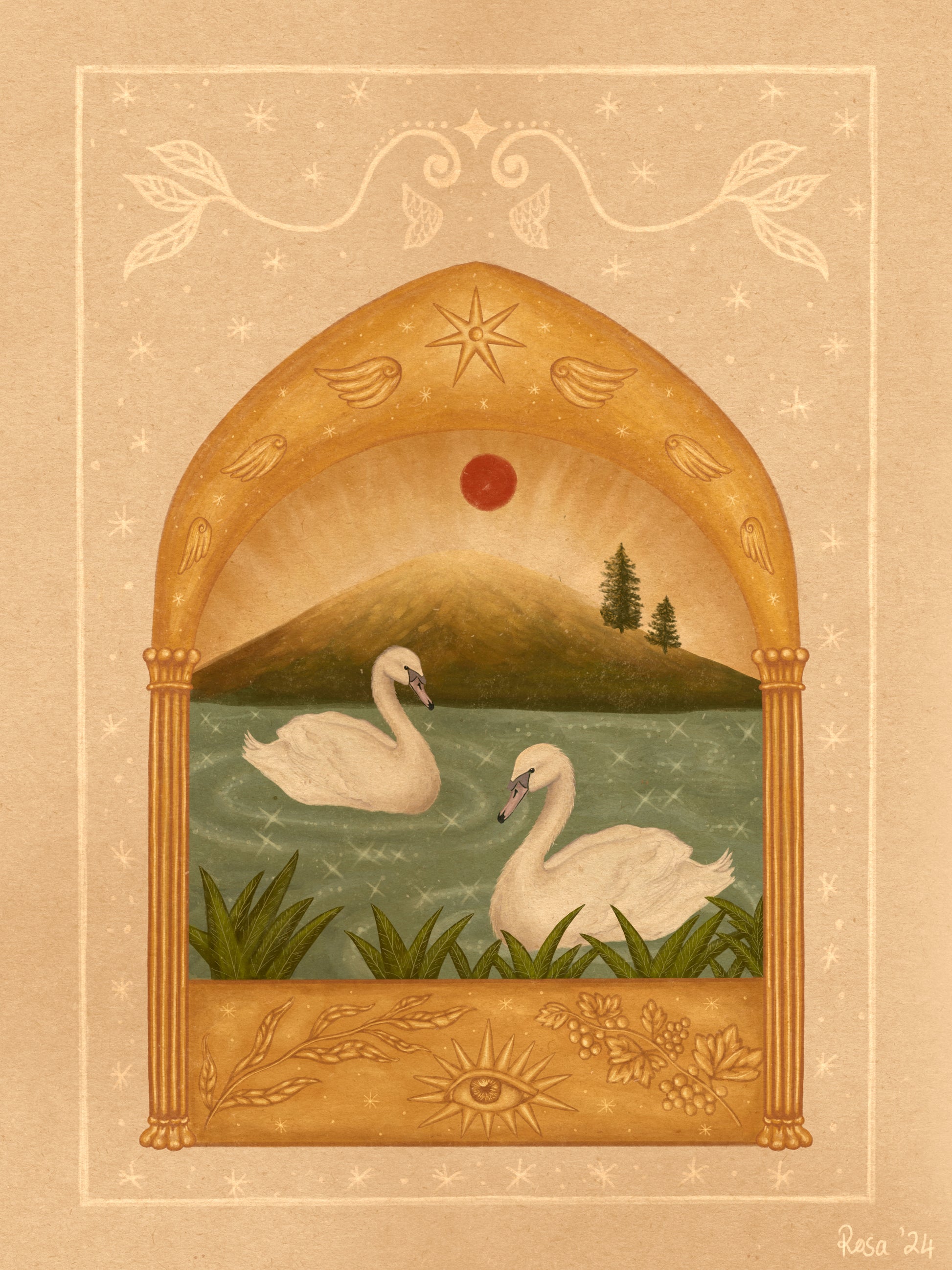 Vintage fine art print of two white swans on a teal sparkly lake under a red moon and a golden arch. Angel wings and stars above and grape vines and an eye below.