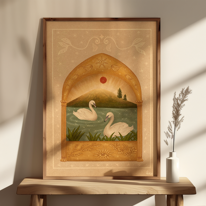 Framed fine art print of two white swans on a teal sparkly lake under a red moon and a golden arch. Angel wings and stars above and grape vines and an eye below.