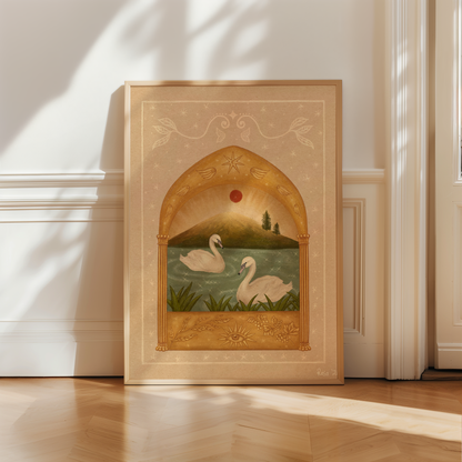 Framed fine art print of two white swans on a teal sparkly lake under a red moon and a golden arch. Angel wings and stars above and grape vines and an eye below.