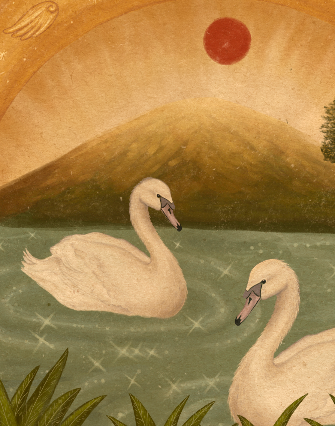 Vintage art of two white swans on a teal sparkly lake under a red moon.