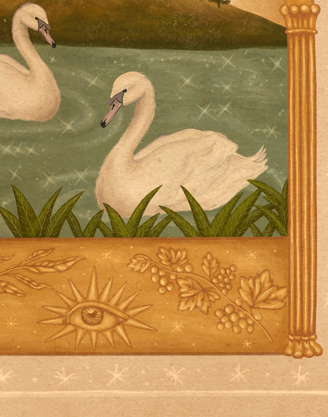 Close up art print of two white swans on a teal sparkly with grape vines and an eye below.