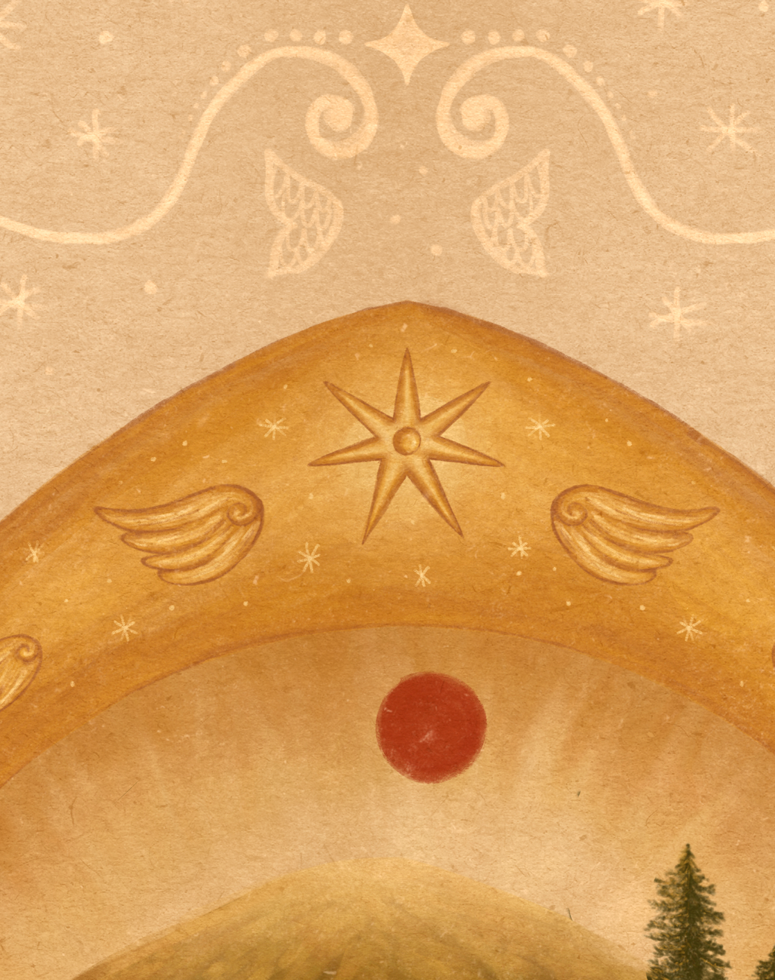 Close up of art print of golden arch with angel wings and a star, with a red moon below it, against a beige vintage textured background.