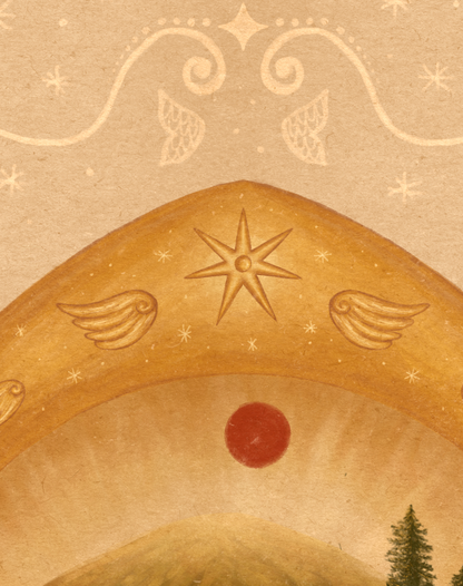 Close up of art print of golden arch with angel wings and a star, with a red moon below it, against a beige vintage textured background.